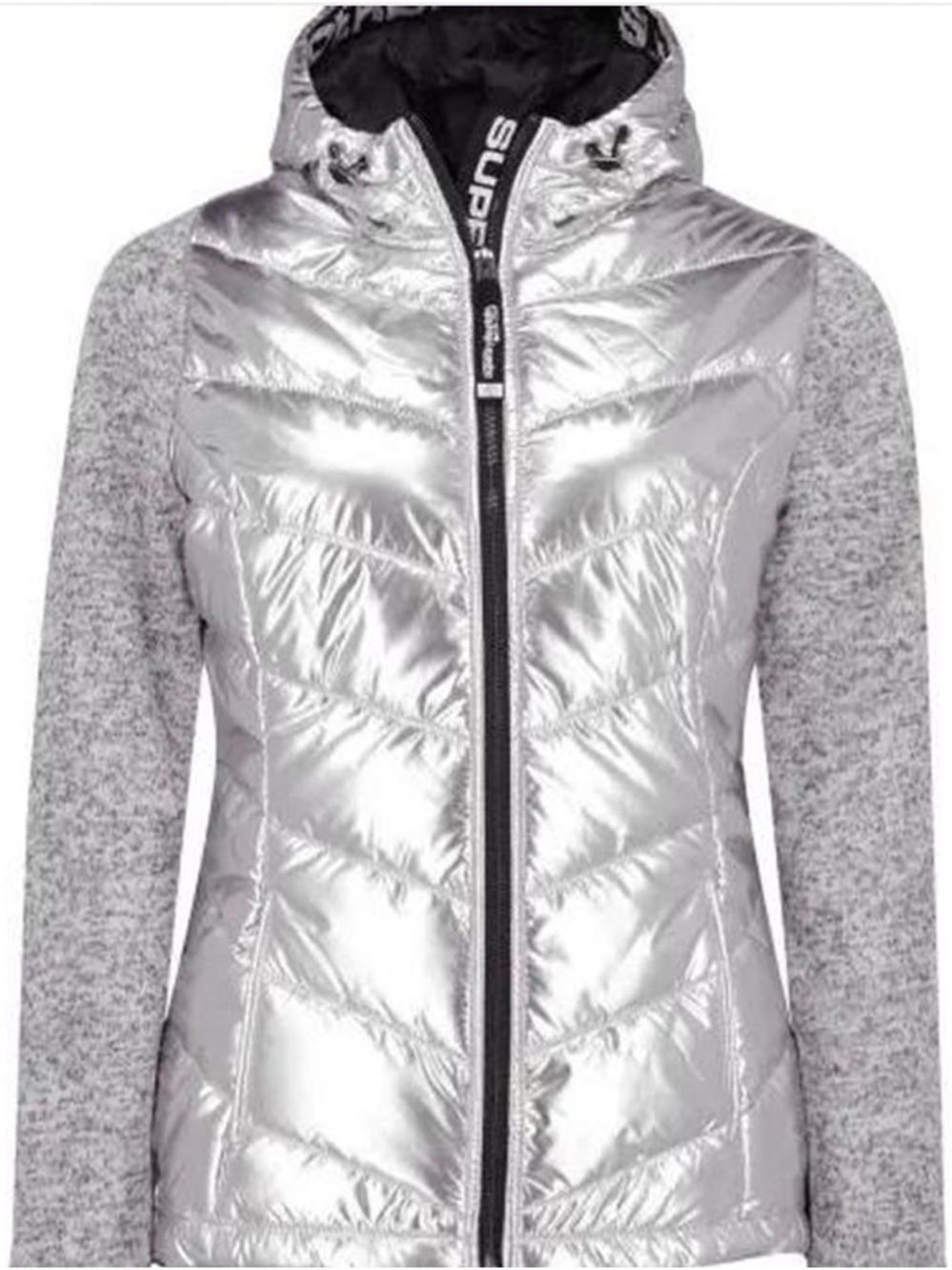 Superdry Silver Hybrid Puffer Jacket with Gray Knit Sleeves